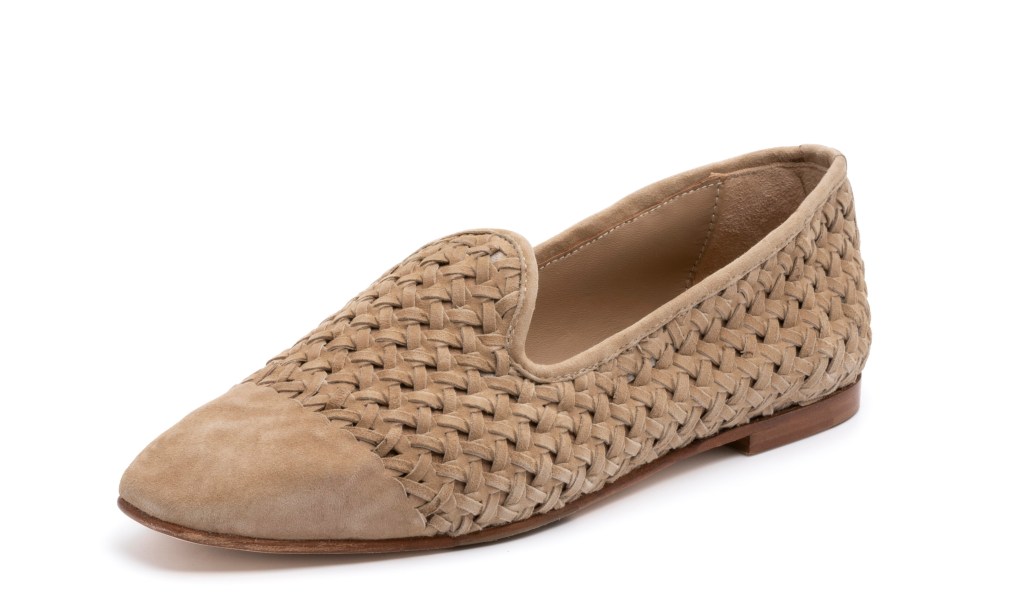 Woven tan smoking slipper, loafer.