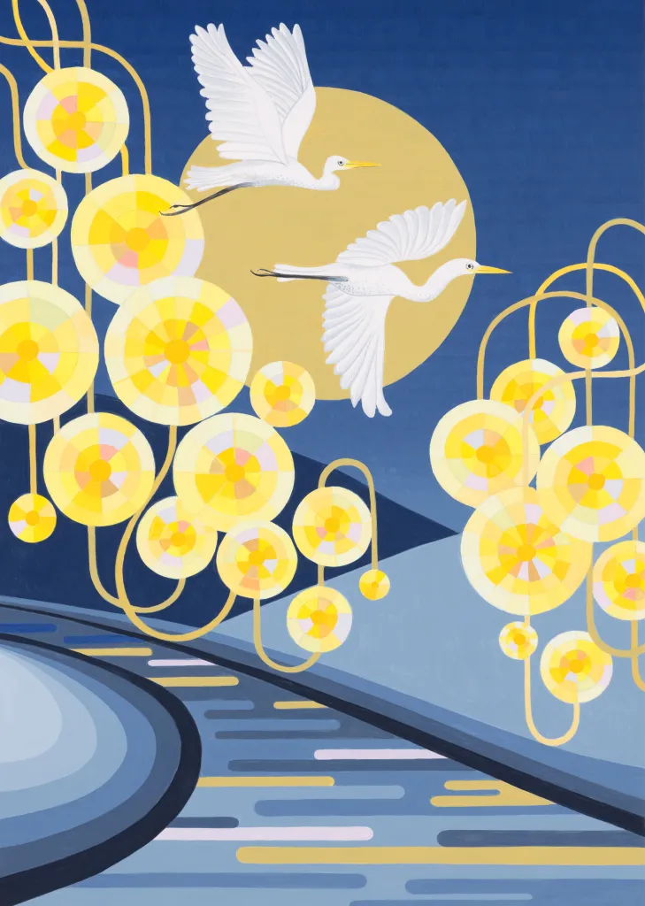 Blue and yellow print with white birds, designed by artist Claire Ishino.