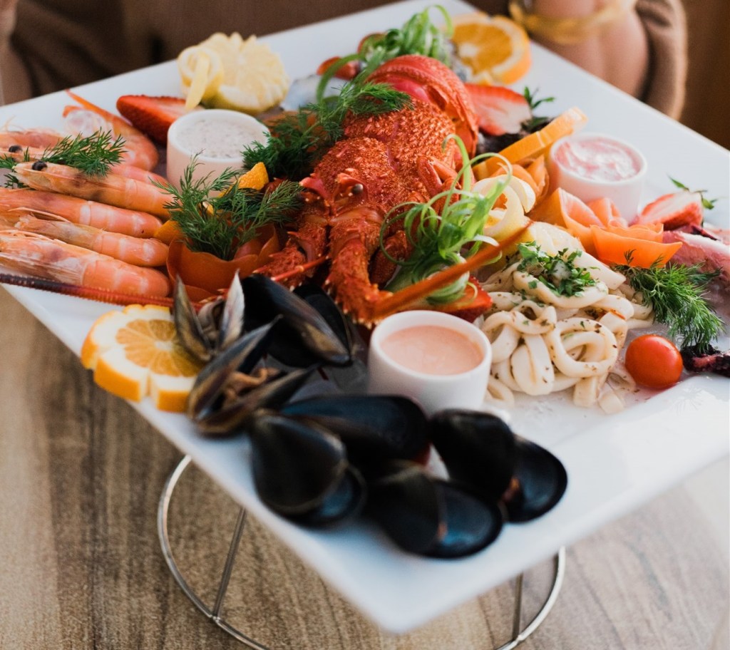 Close-up of seafood platter.